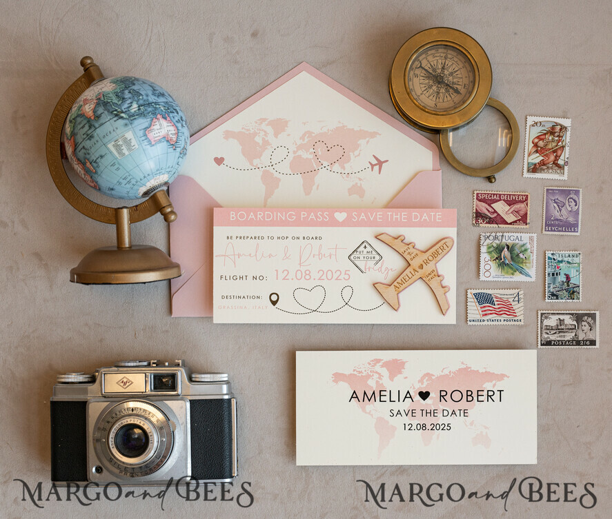 Blush Pink Wooden airplane magnet Save The Date Cards boardingpass travel airplane save the dates destination wedding magnets