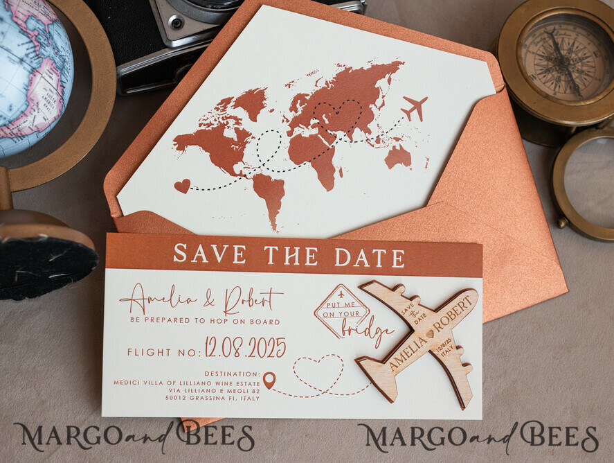 Terracotta Wooden airplane magnet Save The Date Cards boardingpass travel airplane save the dates destination wedding magnets