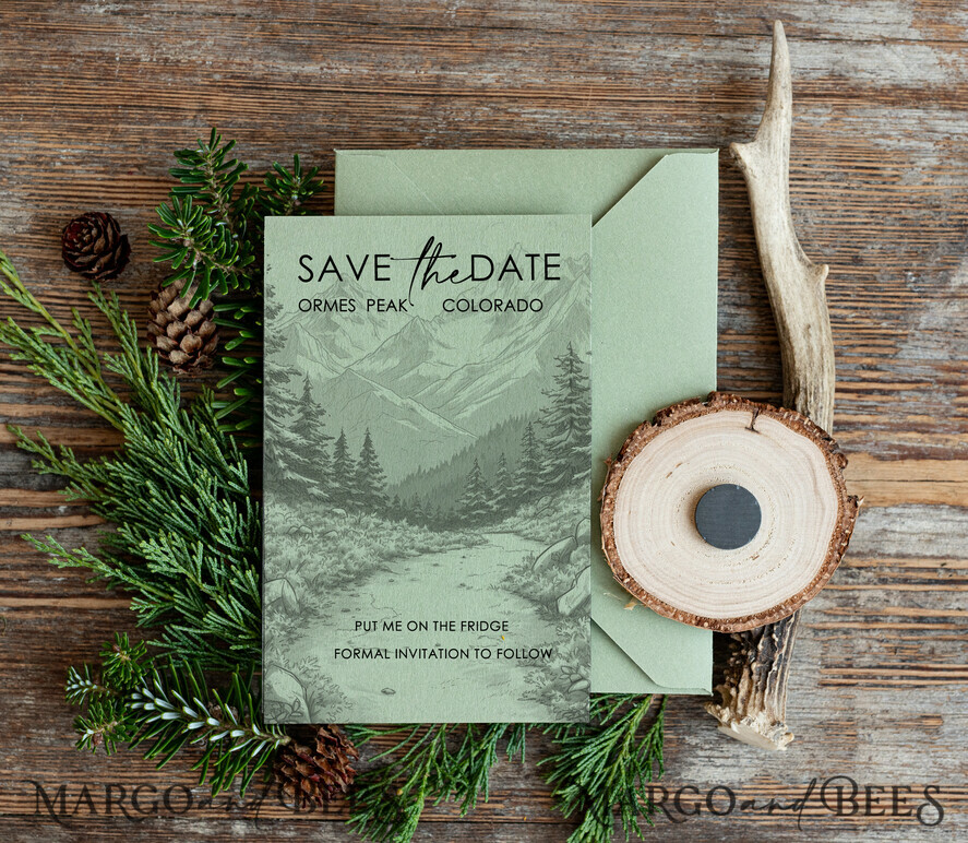 Mountains Save the Date Cards and magnets, Sage green Travel Wedding Save Our Dates , Colorado forest Wooden slice magnets