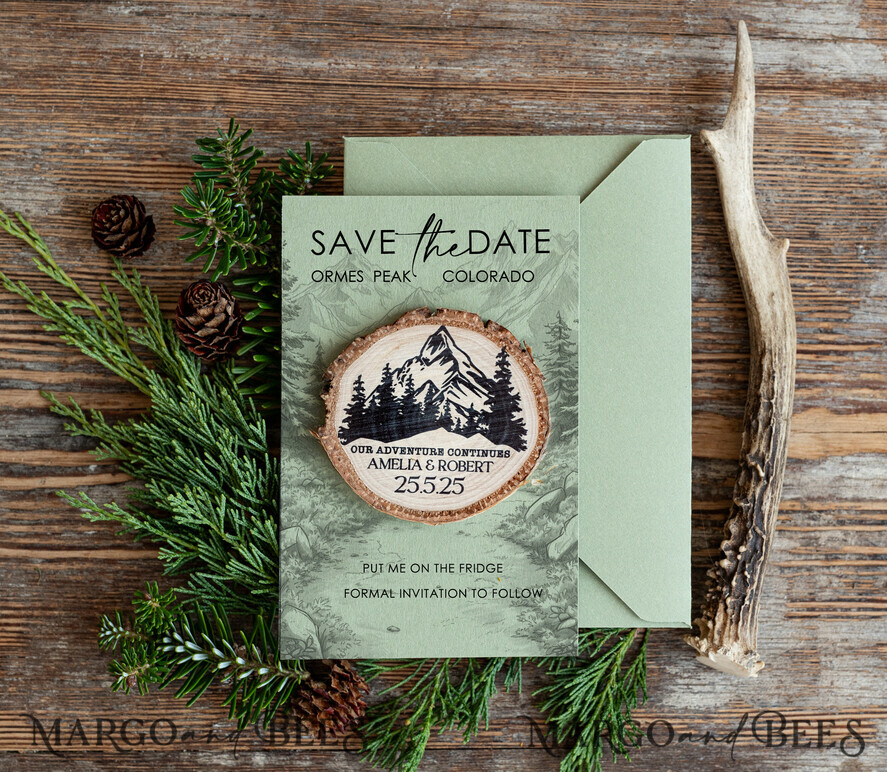 Mountains Save the Date Cards and magnets, Sage green Travel Wedding Save Our Dates , Colorado forest Wooden slice magnets