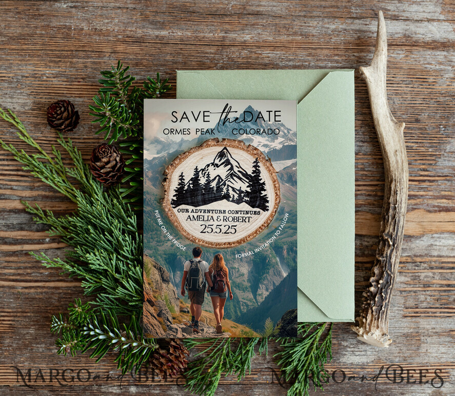 Personalized Mountains Save the Date Magnets and Cards: A Rustic Touch for Your Travel Wedding