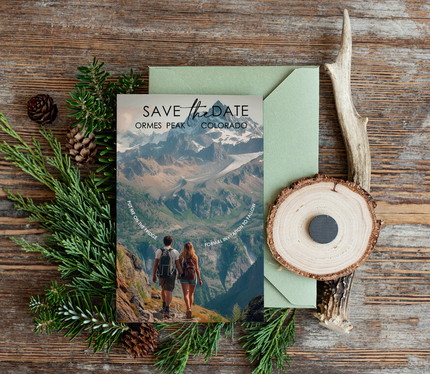 Mountains Save the Date Cards with photo and magnets, Sage green Travel Wedding Save Our Dates , Colorado forest Wooden slice magnets