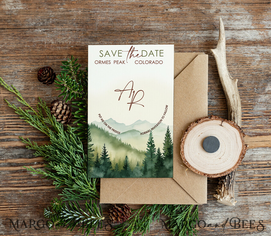 Personalised mountains Save the Date Magnets and Card, Travel Wedding Save Our Dates , Colorado forest Wooden slice magnets