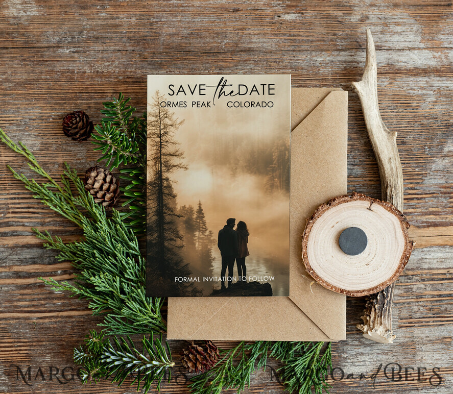 Mountains Save the Date Cards with photo and magnets, Sage green Travel Wedding Save Our Dates , Colorado forest Wooden slice magnets