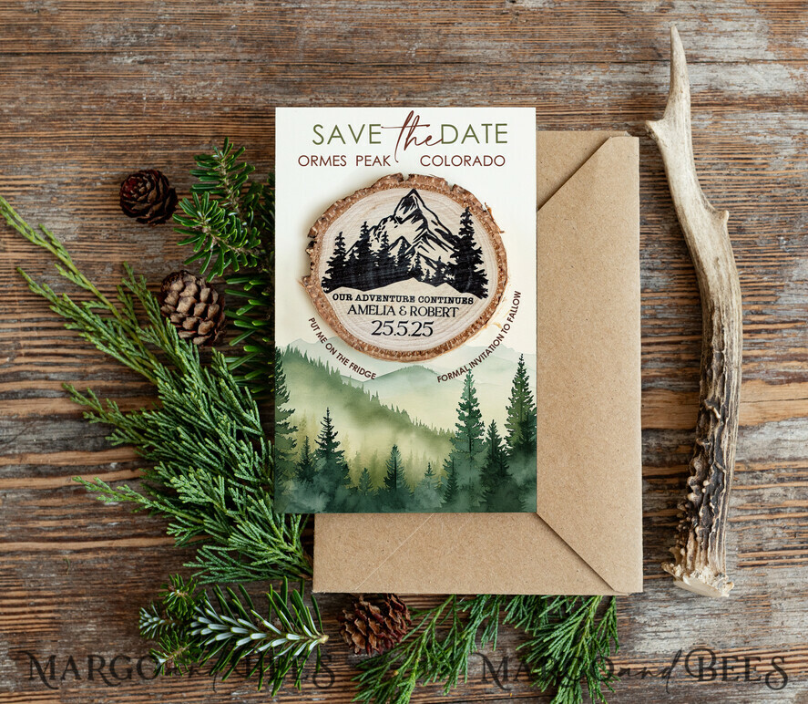 Personalised mountains Save the Date Magnets and Card, Travel Wedding Save Our Dates , Colorado forest Wooden slice magnets