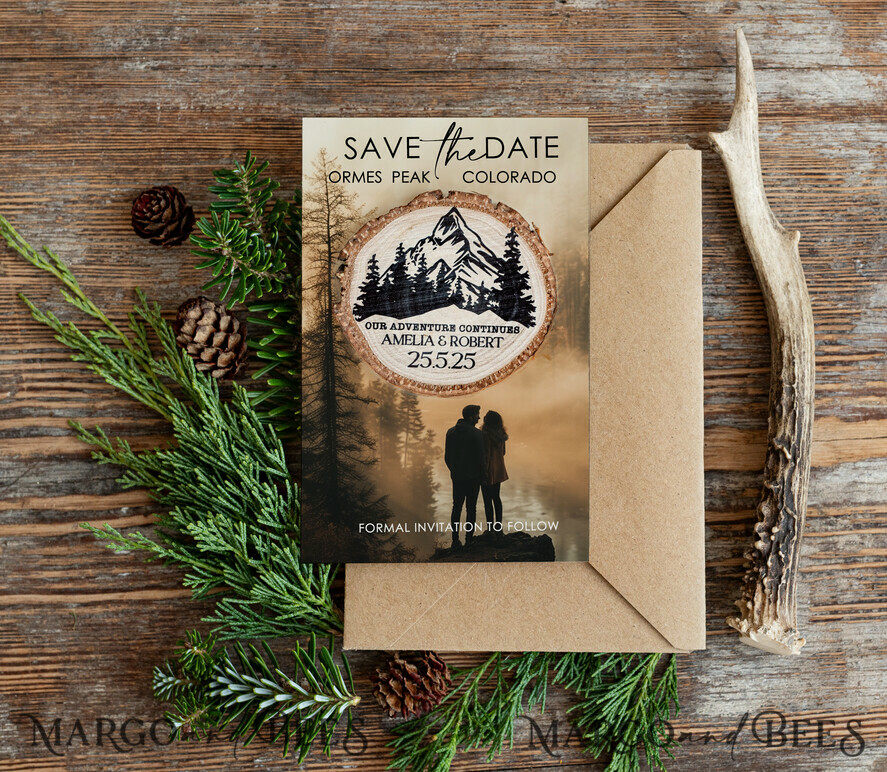 Mountains Save the Date Cards with photo and magnets, Sage green Travel Wedding Save Our Dates , Colorado forest Wooden slice magnets