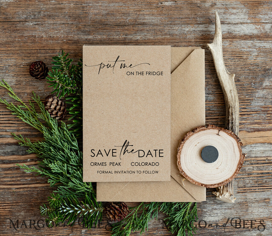 Personalised mountains Save the Date Magnets and Card, Travel Wedding Save Our Dates , Colorado forest Wooden slice magnets