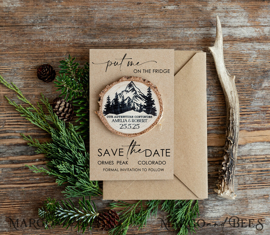 Personalised mountains Save the Date Magnets and Card, Travel Wedding Save Our Dates , Colorado forest Wooden slice magnets