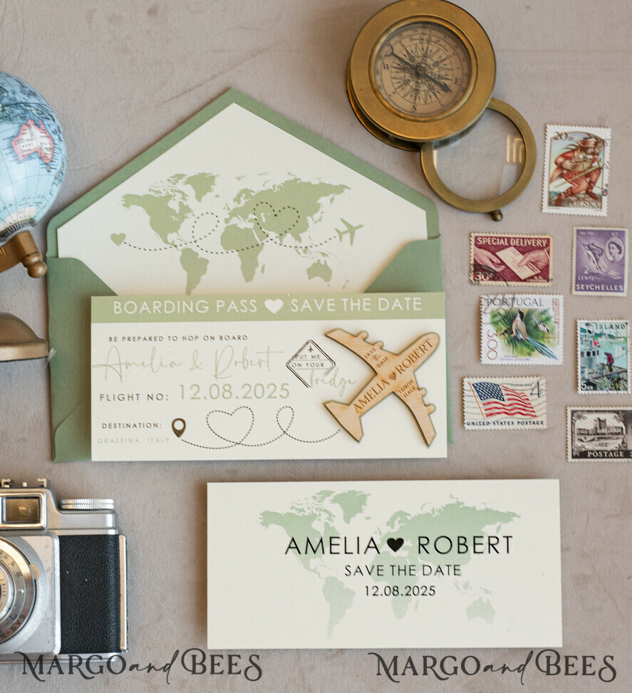 Sage green Wooden airplane magnet Save The Date Cards boardingpass travel airplane save the dates destination wedding magnets