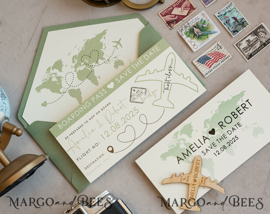 Sage green Wooden airplane magnet Save The Date Cards boardingpass travel airplane save the dates destination wedding magnets