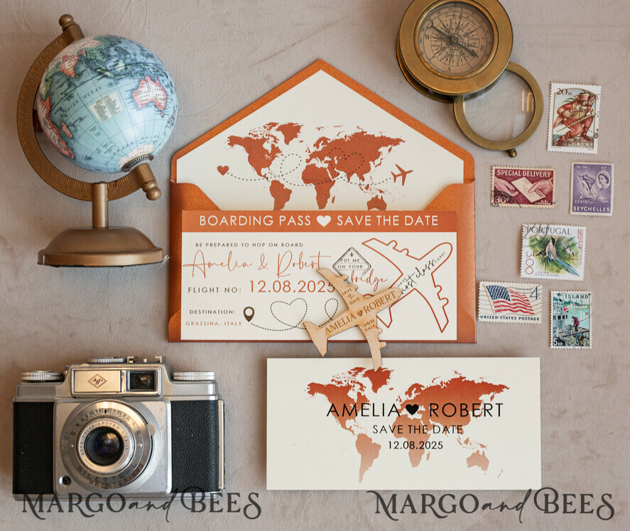 Terracotta, Sage Green, and Blush Pink Wooden Airplane Magnet Save the Date Cards: Boarding Pass Travel-Themed Destination Wedding Magnets