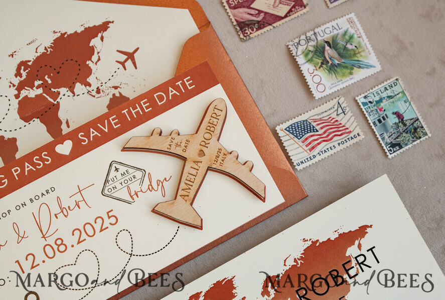 Terracotta Wooden airplane magnet Save The Date Cards boardingpass travel airplane save the dates destination wedding magnets