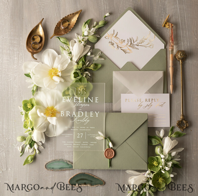 Sage Green Acrylic Wedding invitations suite, Luxury Frozen Acryl Wedding Invitations • Glamour Gold Wedding Invitation Suite • Luxury Acrylic Wedding Cards