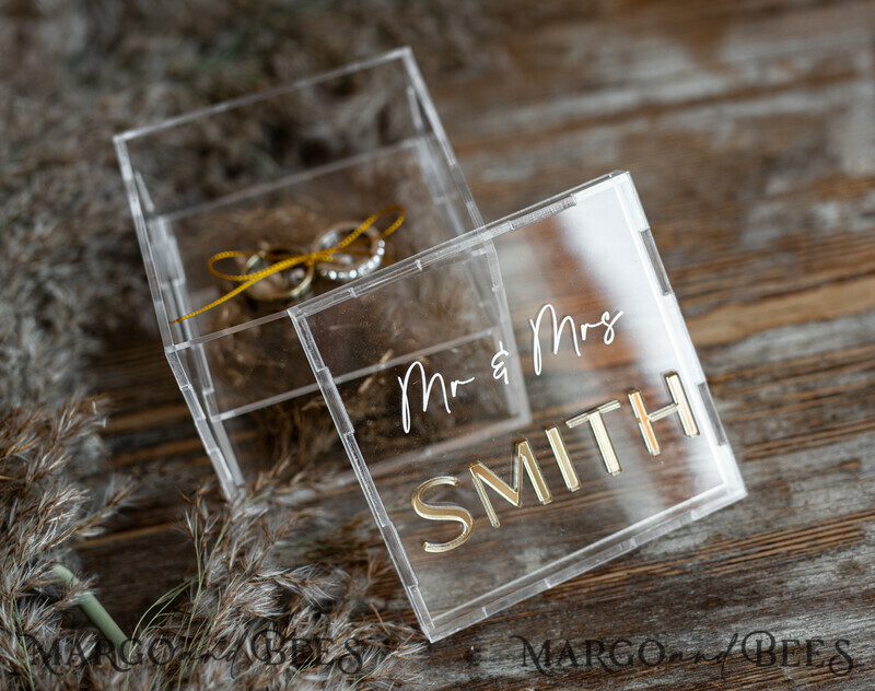 Ring Box for Wedding Ceremony 3 rings, Clear Acrylic Golden Wedding Ring Box