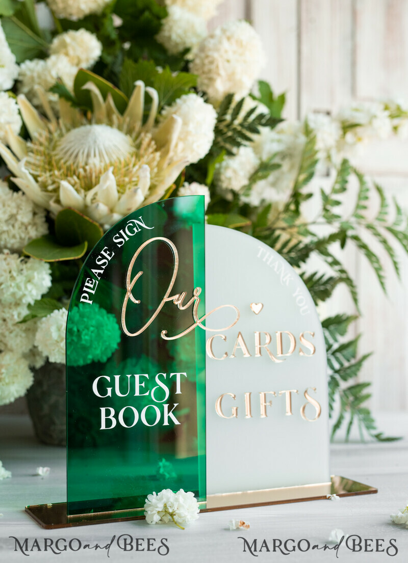 Acrylic Arch cards & guestbook sign Combo , Emerald Green and Frosted Acrylic & gold