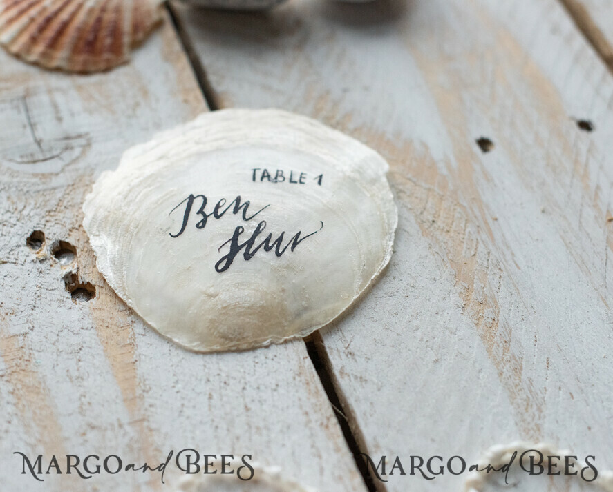 Unique Seashell Wedding Place Cards, White Beach Themed with Navy Blue Calligraphy Names, Elegant Name Tags For Your Wedding, Pearl Place Cards, Custom Text
