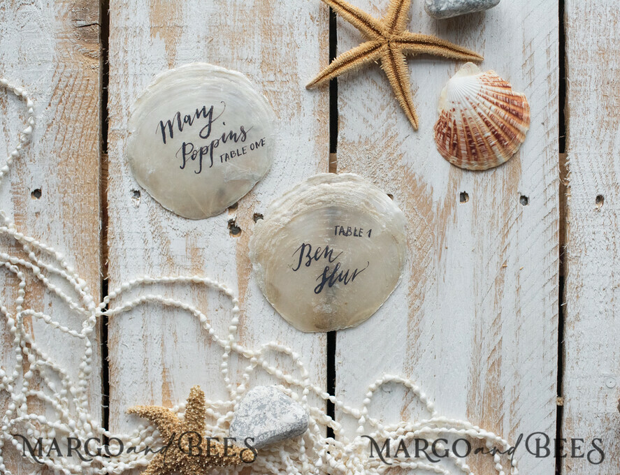 Unique Seashell Wedding Place Cards, White Beach Themed with Navy Blue Calligraphy Names, Elegant Name Tags For Your Wedding, Pearl Place Cards, Custom Text
