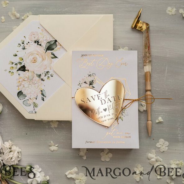 Gold Acrylic Save the Date Magnets and Cards: Elegant & Boho Wedding Invitations