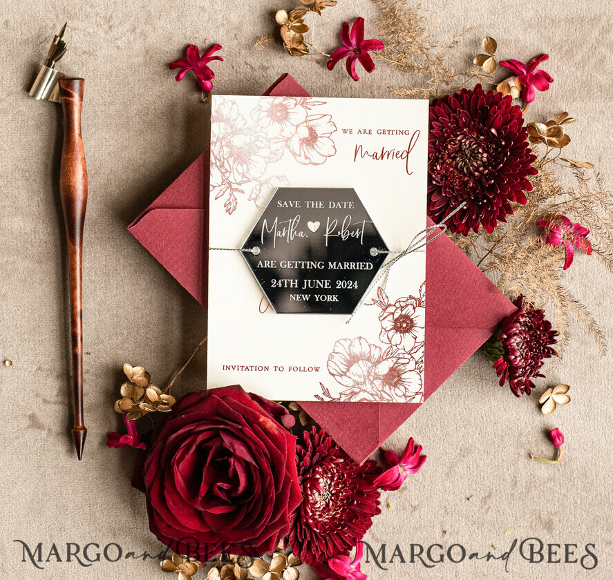 Personalised Save the Date Hexagon Magnet and Card, Burgundy Elegant Wedding Save The Dates Acrylic Silver Heart