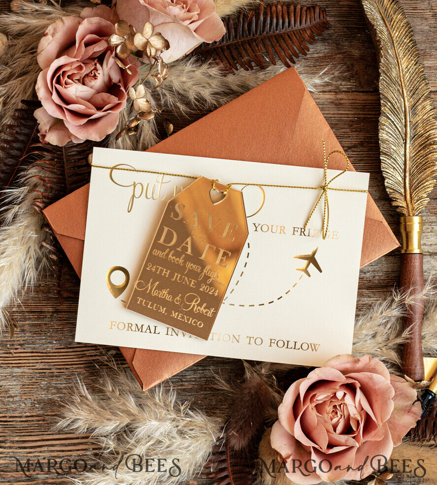 Personalised Travel Save the Date Acrylic Tag Magnet and Card: Elegant Gold Terracotta Luggage Tag Wedding Invitations