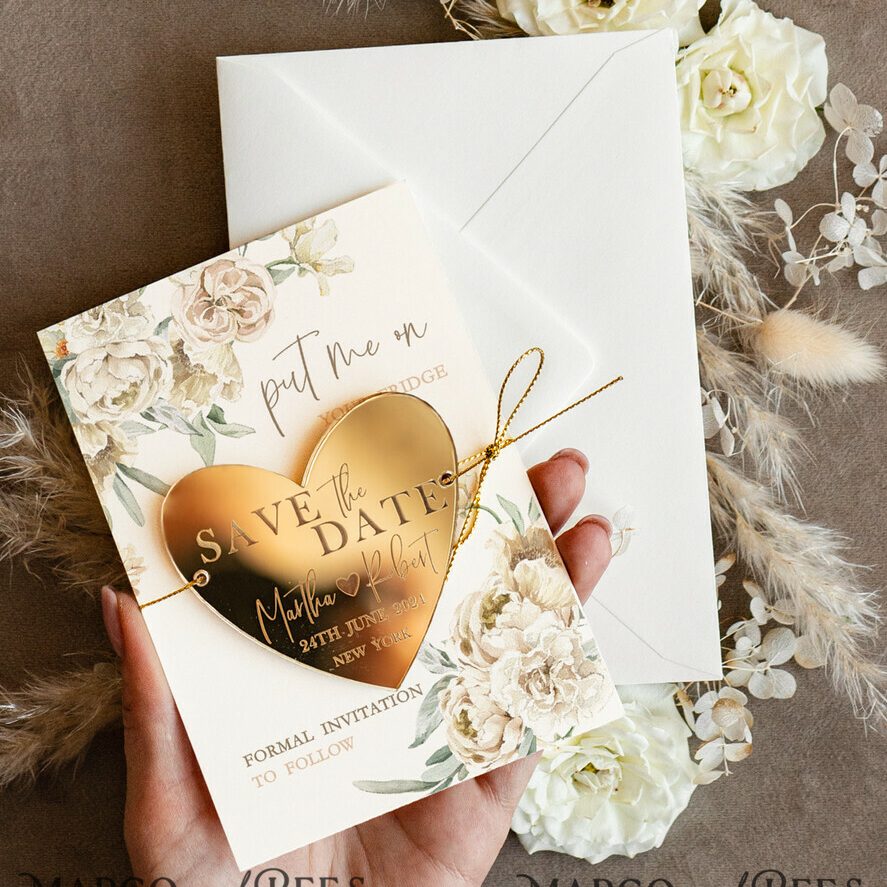 Personalised Gold Acrylic heart Save the Date Magnet and Card, ivory Wedding Save The Dates Plexi Magnets, Wedding Boho Save The Date Cards
