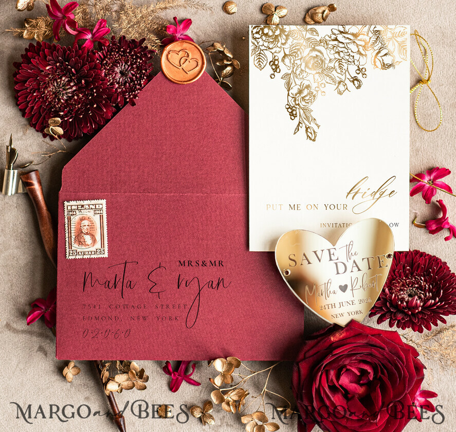 Personalised Save the Date Heart Magnet and Card, Gold burgundy Elegant Wedding Save The Dates Acrylic Heart
