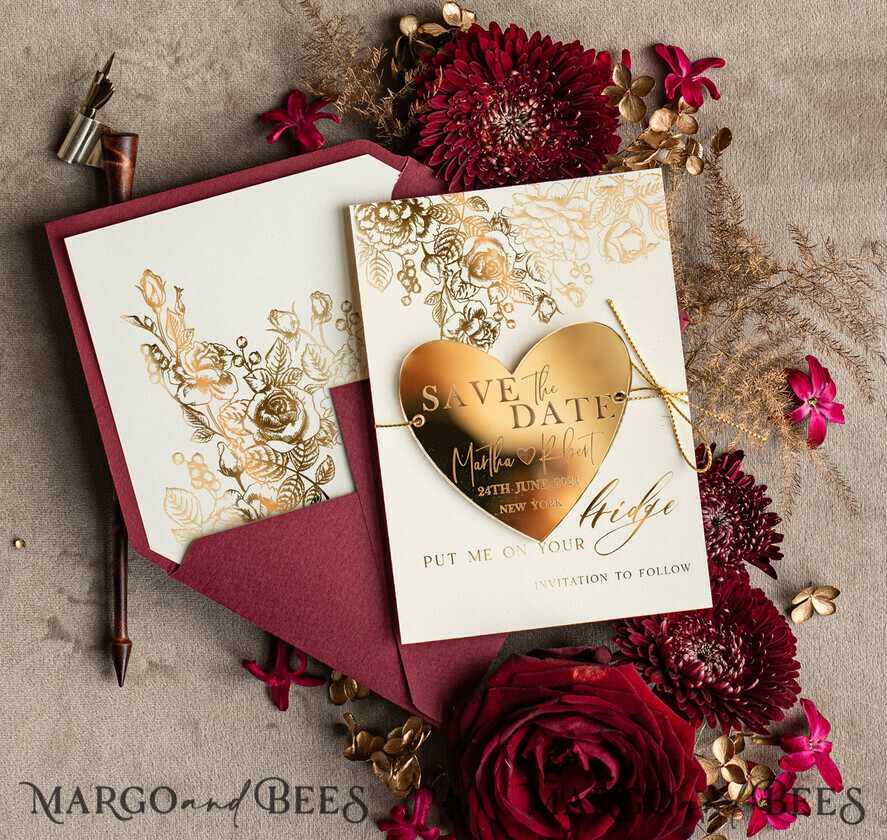 Personalised Save the Date Heart Magnet and Card, Gold burgundy Elegant Wedding Save The Dates Acrylic Heart
