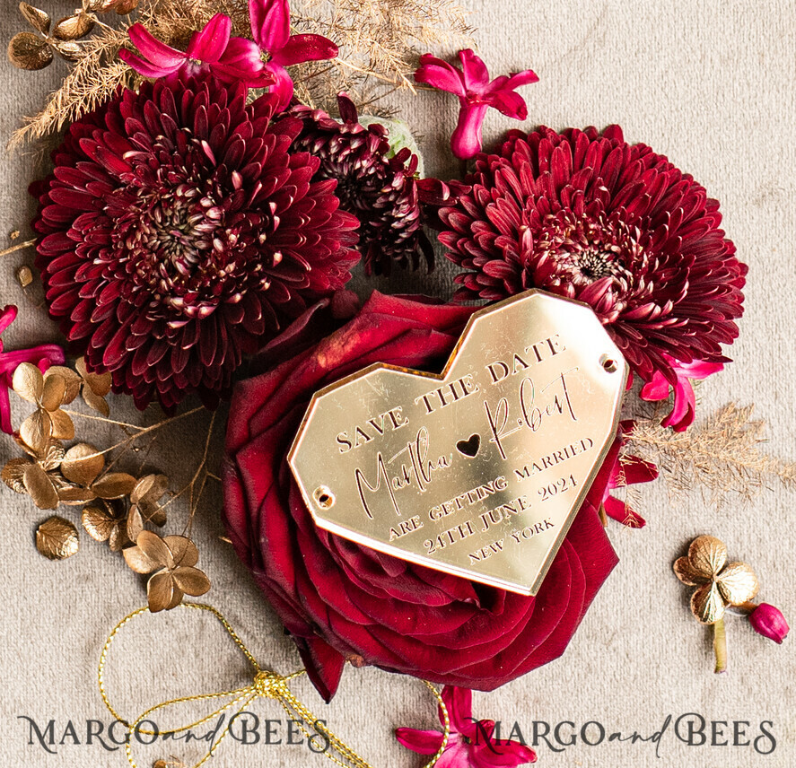 Personalised Save the Date Heart Magnet and Card: Gold Burgundy & Marrone Acrylic Hearts for Elegant Weddings