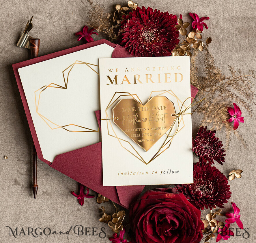 Luxory Save the Date Heart Magnet and Card, Gold Marrone Elegant Wedding Save The Dates Acrylic Heart
