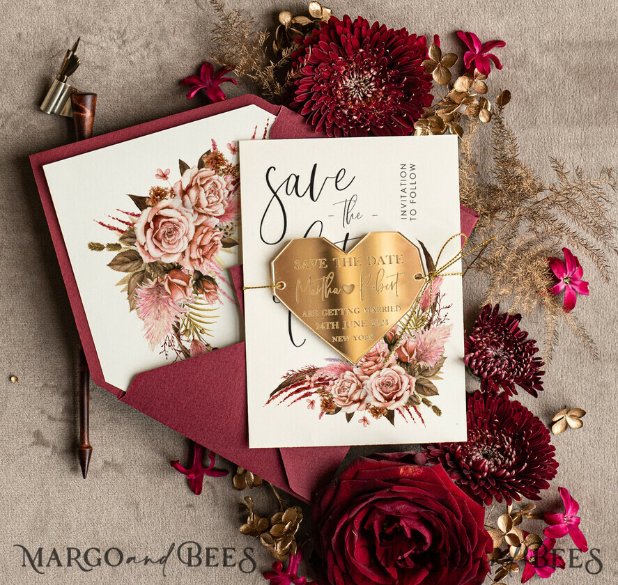 Personalised Save the Date Heart Magnet and Card, Burgundy Elegant Wedding Save The Dates Acrylic Gold Heart
