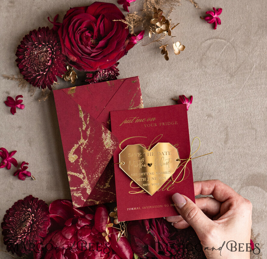 Personalised Burgundy Save the Date Heart Magnet and Card: Elegant Wedding Acrylic Gold Heart