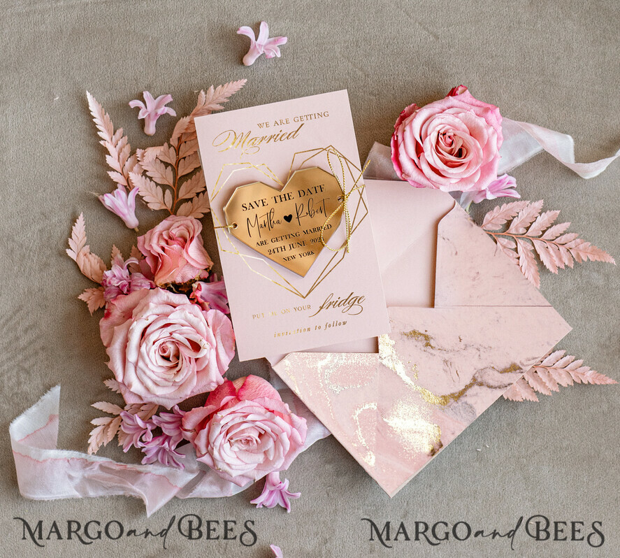 Beautiful Gold and Blush Pink Save the Date Card with Heart Acrylic Magnet