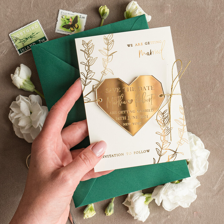 Personalised Save the Date Heart Magnet and Card, Gold Dark Green Elegant Wedding Save The Dates Acrylic Heart
