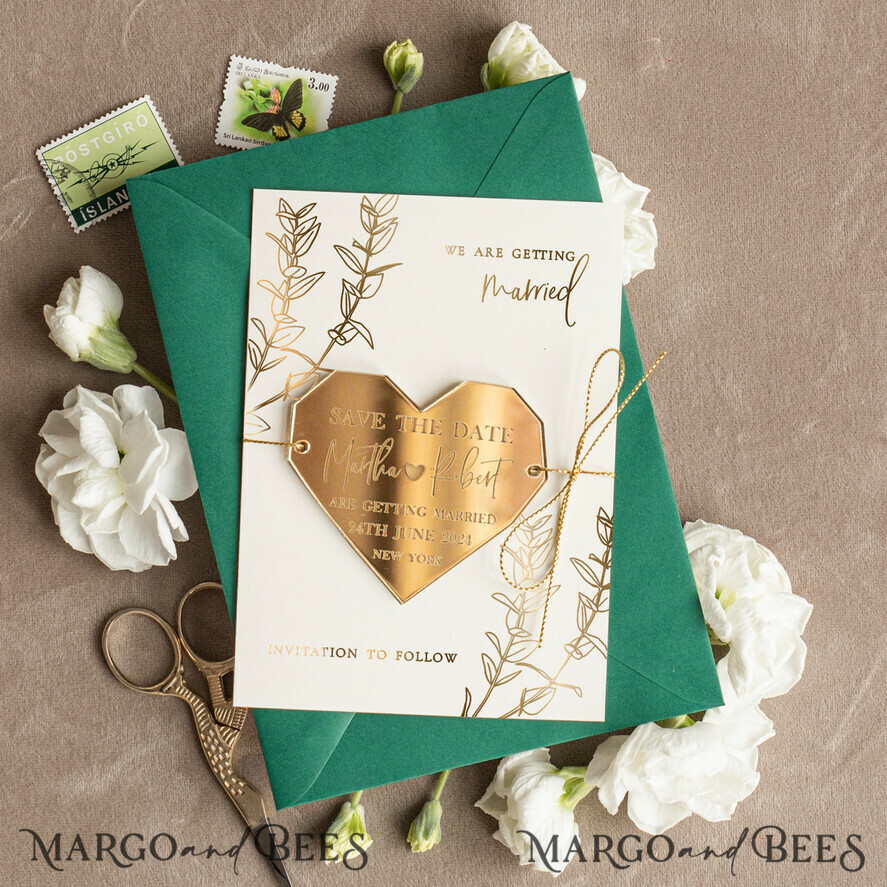 Personalised Save the Date Heart Magnet and Card, Gold Dark Green Elegant Wedding Save The Dates Acrylic Heart
