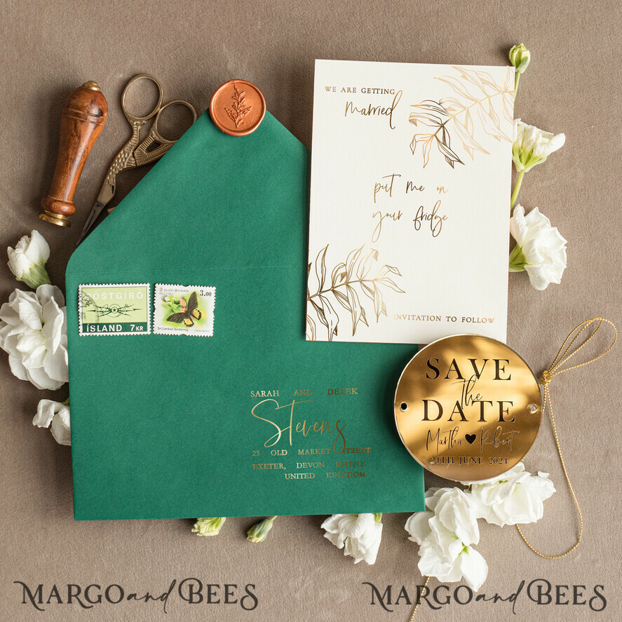 Elegant Save the Date Magnet and Card, Gold Dark Green Elegant Wedding Save The Dates Acrylic tag
