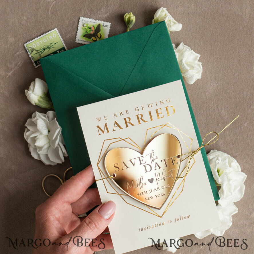 Elegant Save the Date Heart Magnet and Card, Gold Dark Green Elegant Wedding Save The Dates Acrylic Heart
