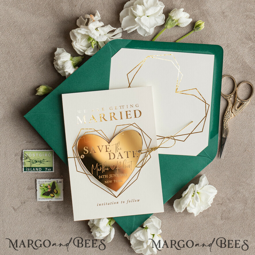 Elegant Save the Date Heart Magnet and Card, Gold Dark Green Elegant Wedding Save The Dates Acrylic Heart
