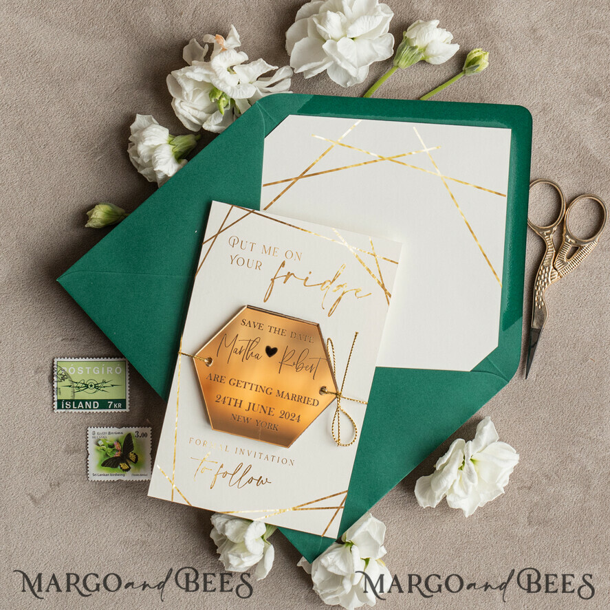 Luxury Save the Date Hexagon Acrylic Magnet and Card, Greenery Gold Greenery Elegant Wedding Save The Dates Acrylic Magnets, glamour Save The Date Cards
