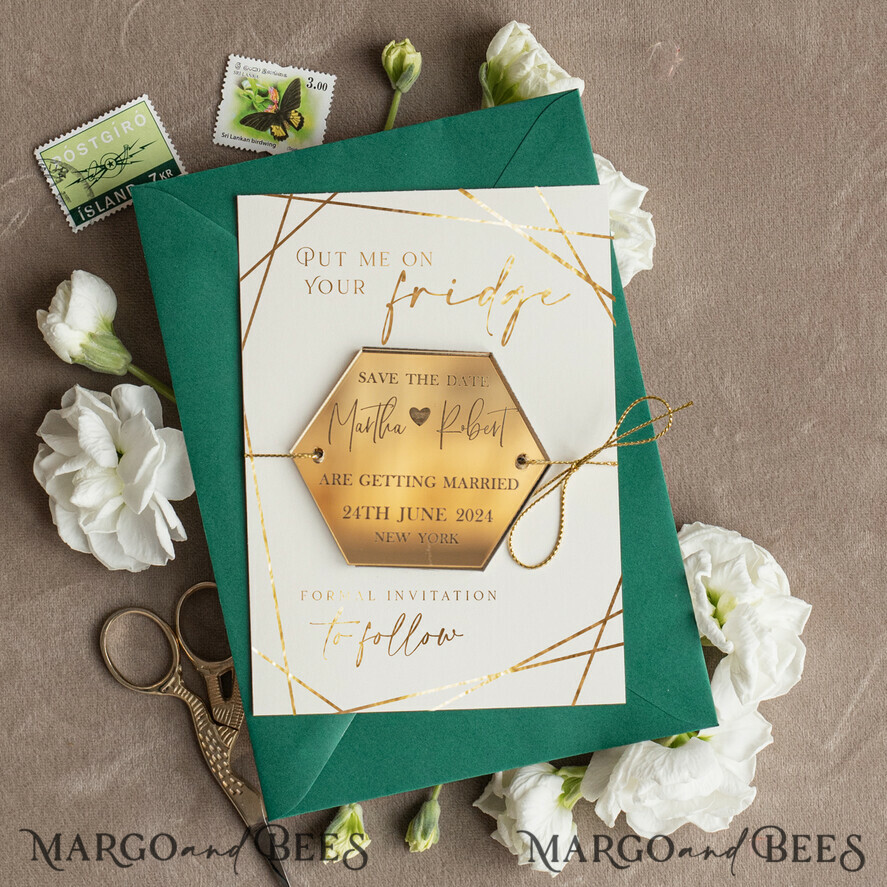 Luxury Save the Date Hexagon Acrylic Magnet and Card, Greenery Gold Greenery Elegant Wedding Save The Dates Acrylic Magnets, glamour Save The Date Cards
