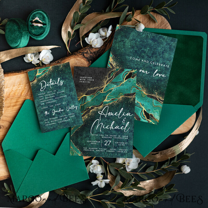 Green Marble Wedding invitations , Elegant Velvet envelope and beautiful invitations