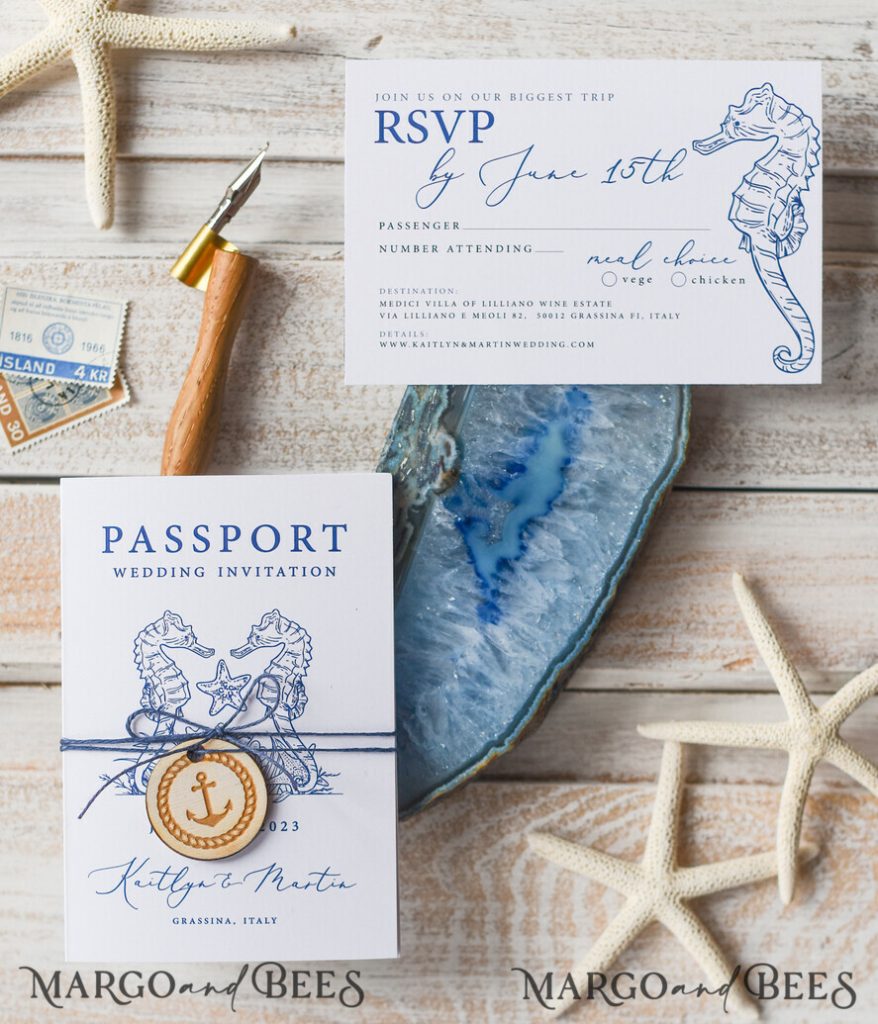 White Beach Passport Wedding Invitation, Seahorses Wedding Cards Boarding Pass, Beach Passport Wedding Invitations Abroad,
