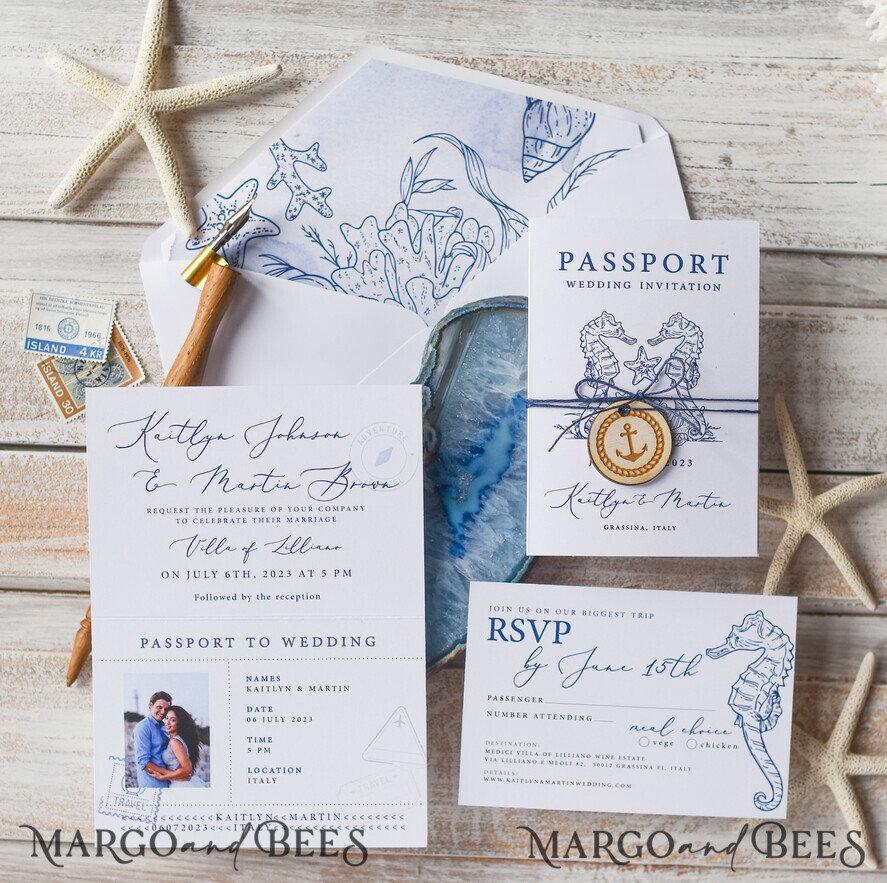 White Beach Passport Wedding Invitation, Seahorses Wedding Cards Boarding Pass, Beach Passport Wedding Invitations Abroad,
