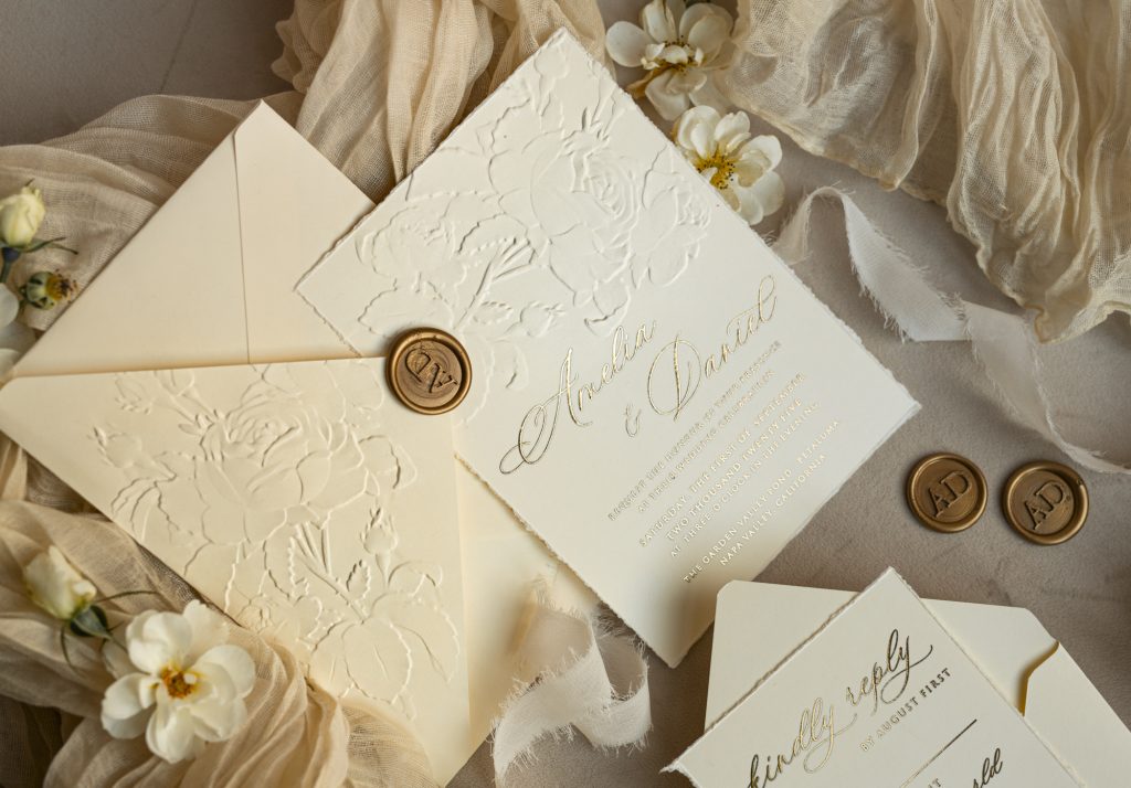 Fine Art Embossed Ivory Gold Wedding Invitation with torn chiffone bow, Golden deboss Roses Floral Wedding Invitation,