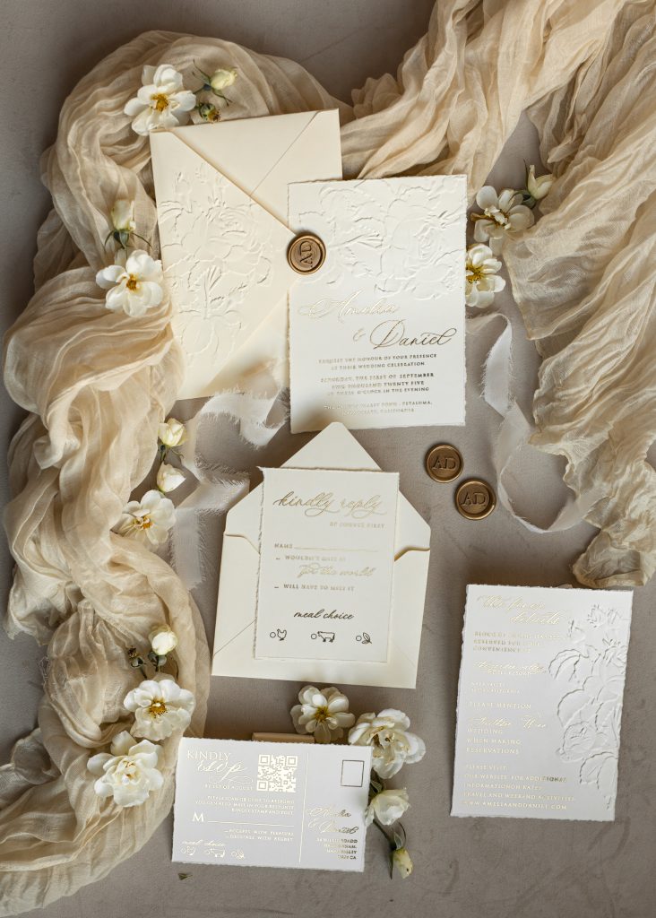 Fine Art Embossed Ivory Gold Wedding Invitation with torn chiffone bow, Golden deboss Roses Floral Wedding Invitation,