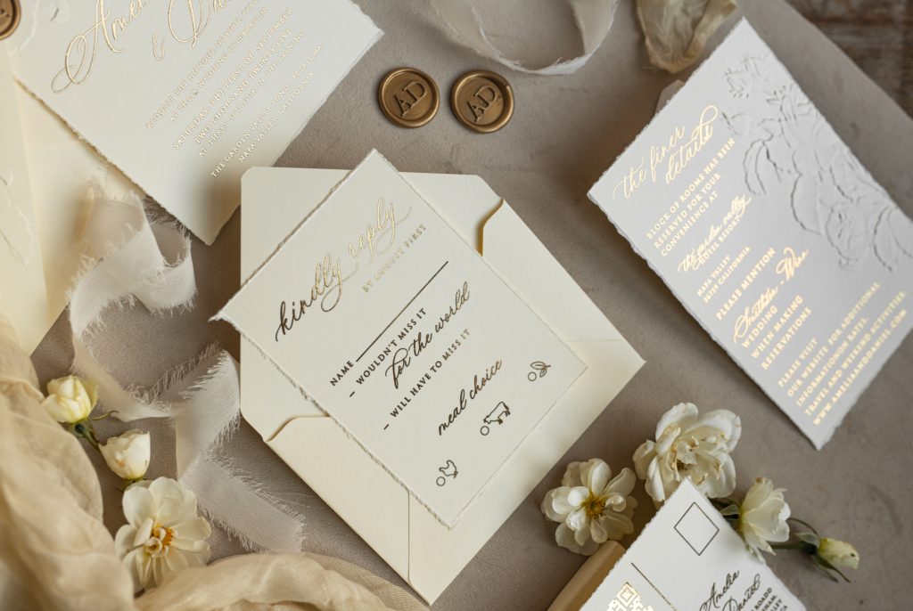 Fine Art Embossed Ivory Gold Wedding Invitation with torn chiffone bow, Golden deboss Roses Floral Wedding Invitation,