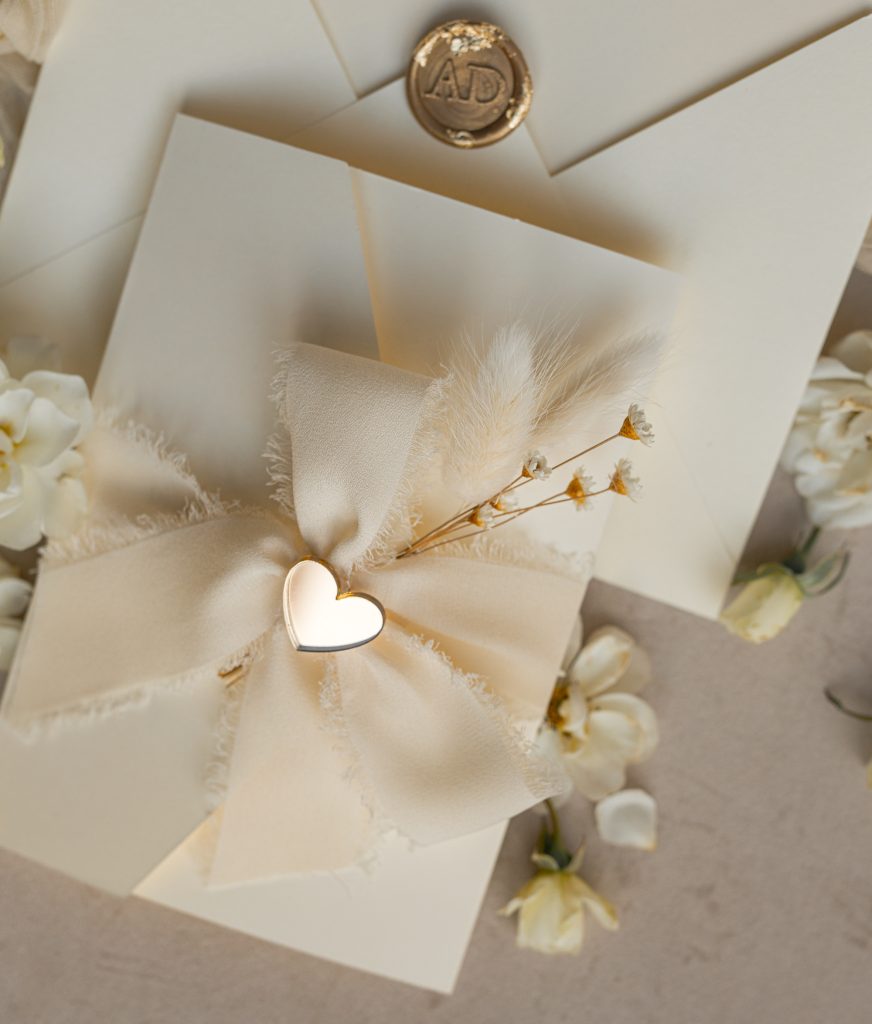 Folder Ivory Gold Wedding Invitation with chiffon torn bow and natural dried flowers , Golden Elegant Roses Floral Wedding Invitation with golden mirror heart