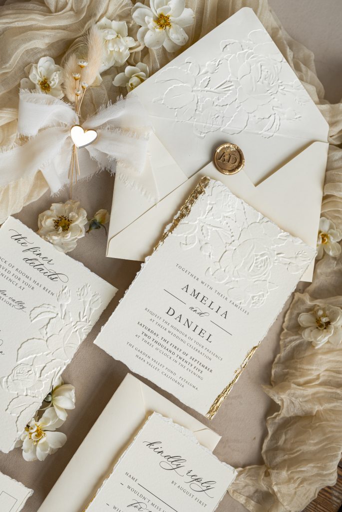 Fine Art Embossed Ivory Gold Wedding Invitation with torn chiffone bow, Golden deboss Roses Floral Wedding Invitation,