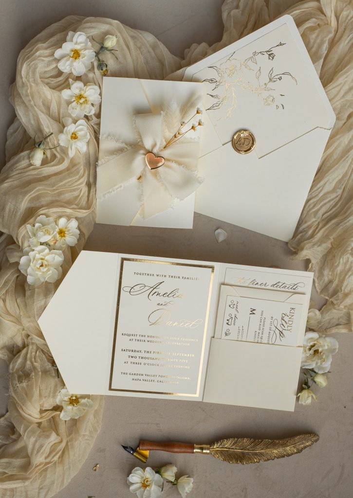 Folder Ivory Gold Wedding Invitation with chiffon torn bow and natural dried flowers , Golden Elegant Roses Floral Wedding Invitation with golden mirror heart