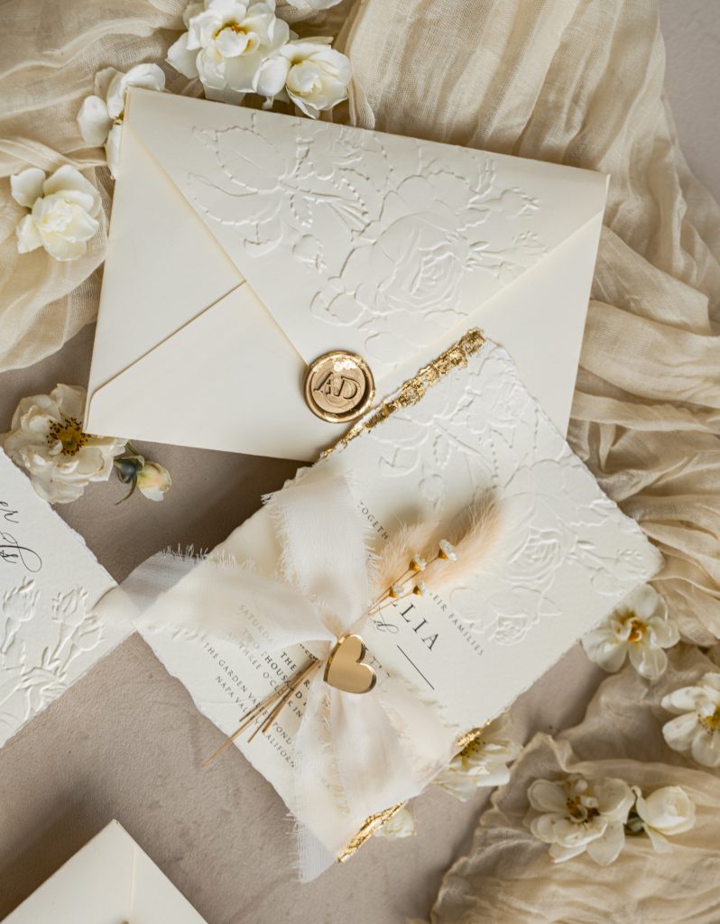 Fine Art Embossed Ivory Gold Wedding Invitation with torn chiffone bow, Golden deboss Roses Floral Wedding Invitation,