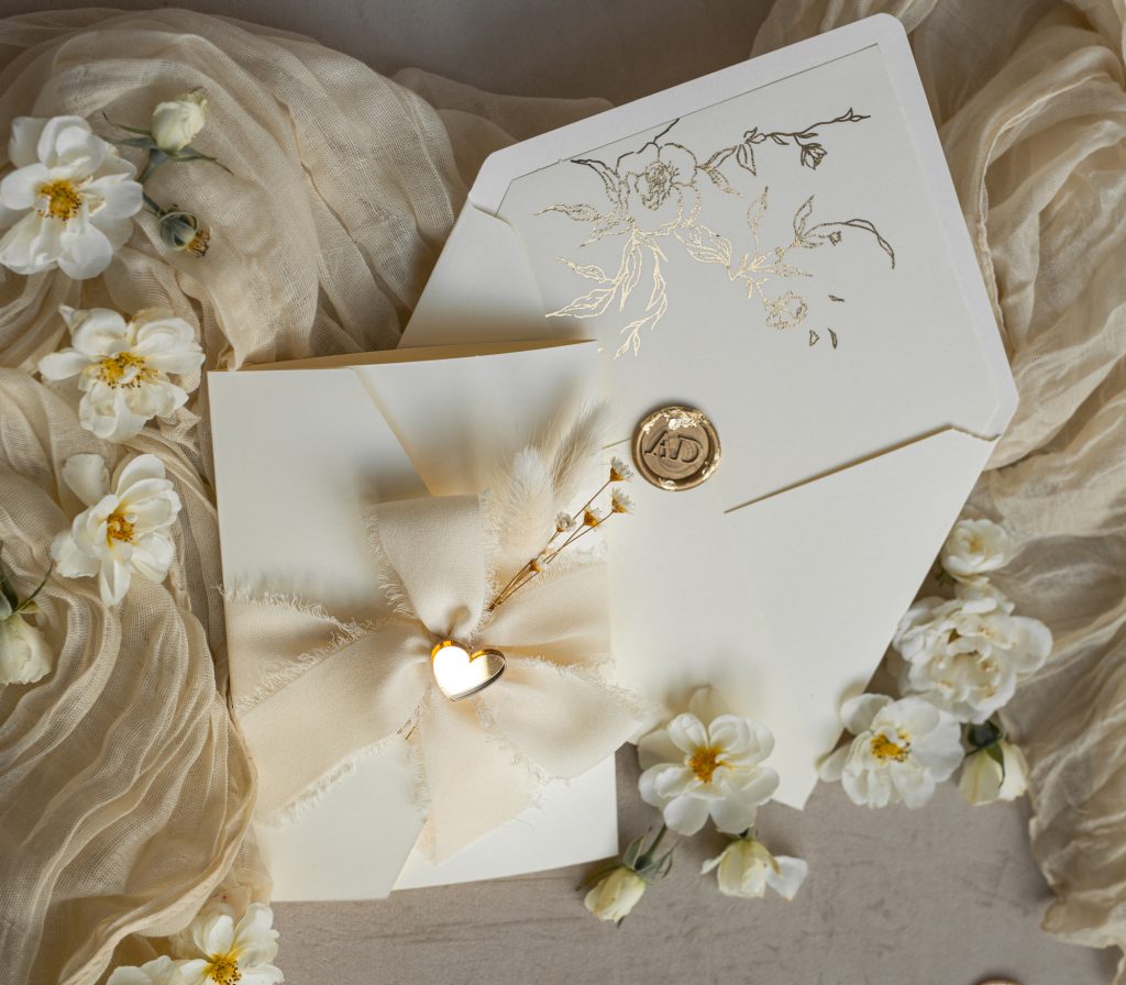 Folder Ivory Gold Wedding Invitation with chiffon torn bow and natural dried flowers , Golden Elegant Roses Floral Wedding Invitation with golden mirror heart